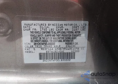 2014 Nissan Versa 1.6 Sv z USA, uszkodzony, nr VIN 3N1CN7AP3EL850222